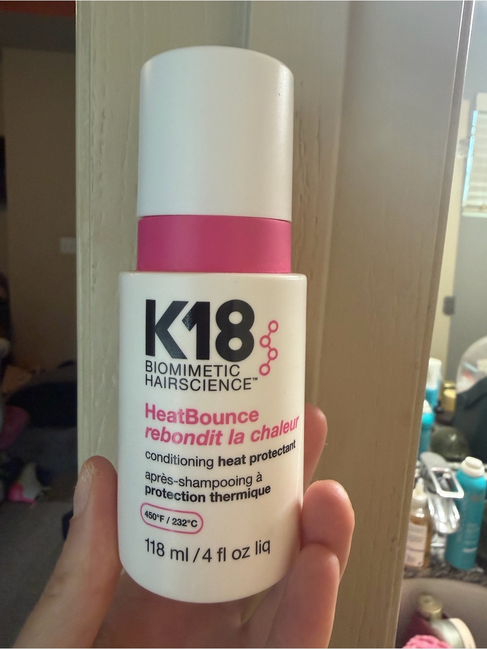K18 HeatBounce Conditioning Heat Protectant — White & Pink Bottle